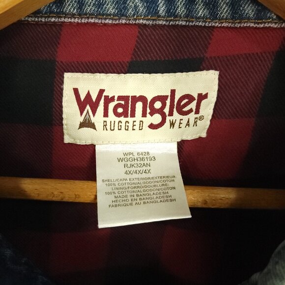 Wrangler Trucker Jacket Men's 4X Blue Denim Button Front Plaid Lined Distressed - Picture 4 of 14
